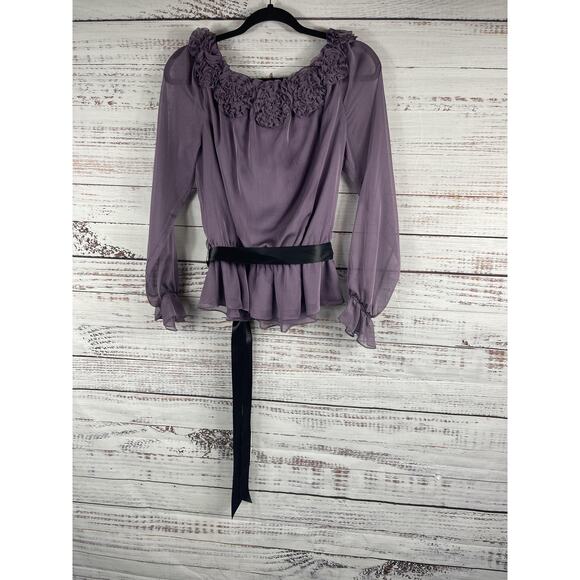 Victor Costa Shirt Women's Medium Purple Ruffle Rosette Peplum Sheer Top Belted - Picture 5 of 8